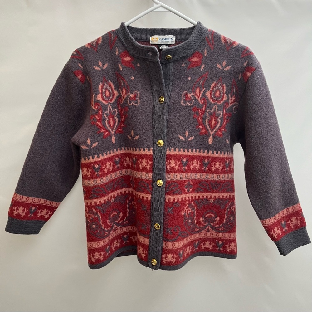 Camela Button Front Cardigan XL pink VTG 1970s Wool Woolmark Pattern Cropped